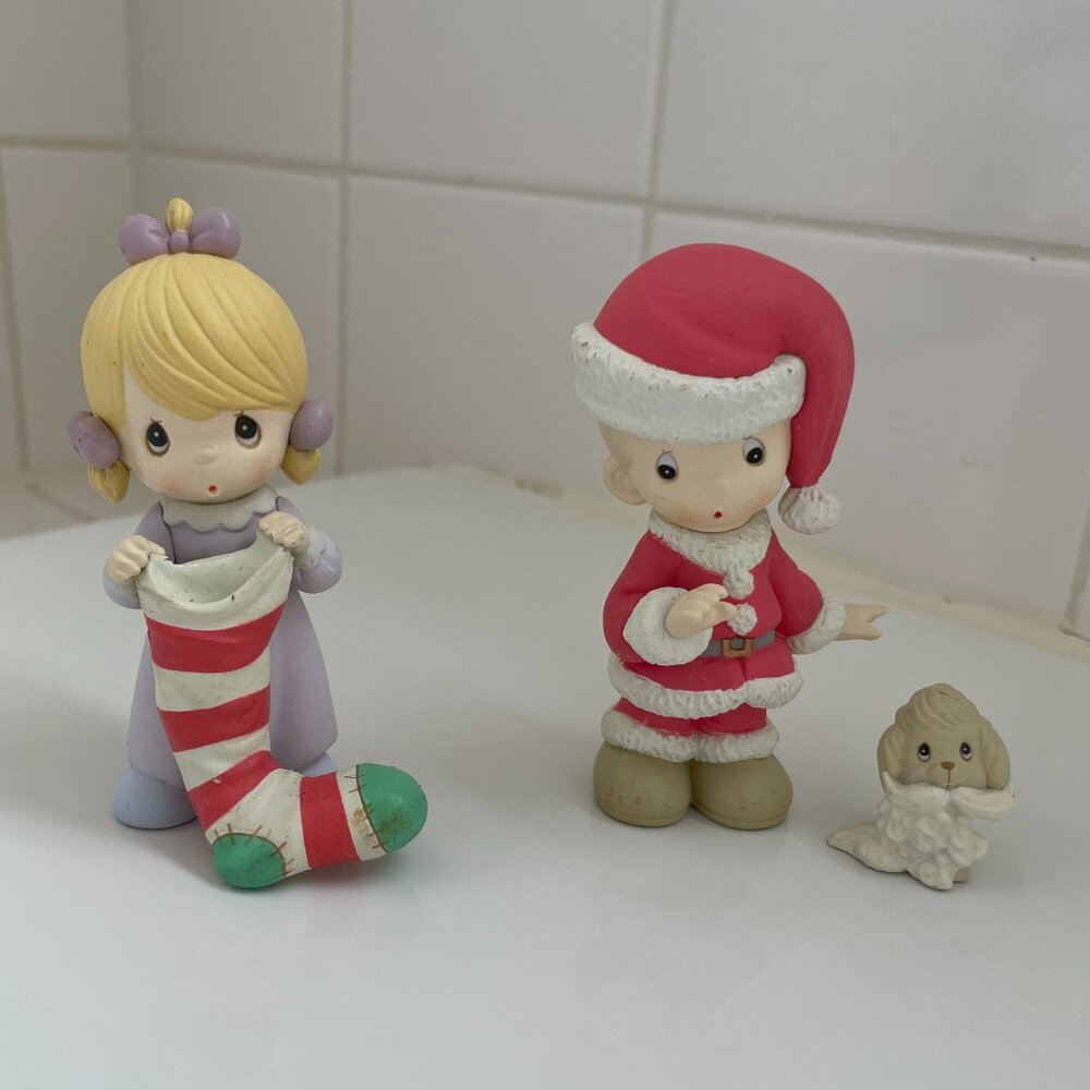 Enesco Precious Moments Pair Christmas Figurines Boy, Girl & Dog